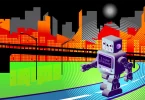 Robots on street Artificial General Intelligence AGI vector illustration